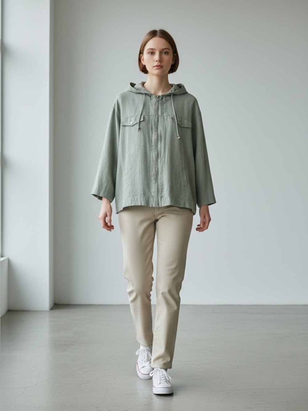 Avon Linen Jacket Cropped Lightweight Spring Fall Hood Olive Green Large